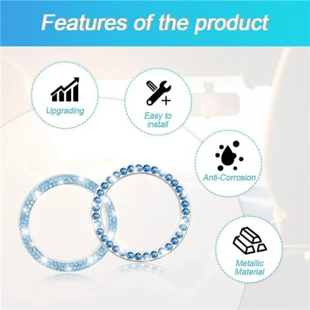 Car Start Button Bling Rhinestone Diamond Engine Button Ring 2-Pack Blue - Picture 3 of 8